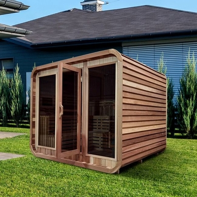 Rustikaler Cedar Steam Sauna Rounded Square im Freien mit Bitumen-Schindel-Deckung