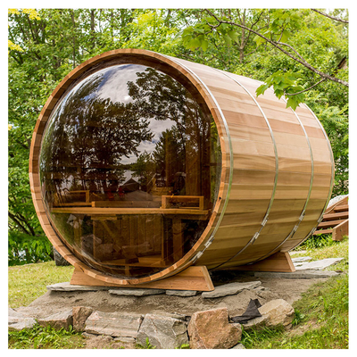 Panoramafenster Holz Zeder Barrel Sauna 6 Personen mit Holzheizung