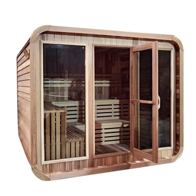 Rustikaler Cedar Steam Sauna Rounded Square im Freien mit Bitumen-Schindel-Deckung