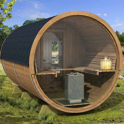 Panorama Ansicht Massivholz Außen Dampffass Sauna Erwärmt sich schnell
