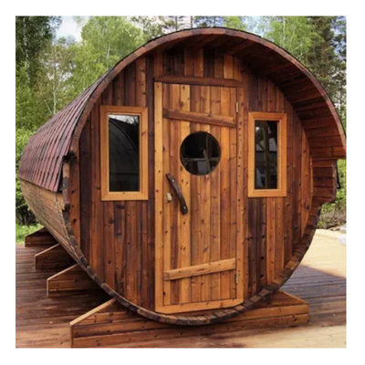Panoramafenster Holz Zeder Barrel Sauna 6 Personen mit Holzheizung