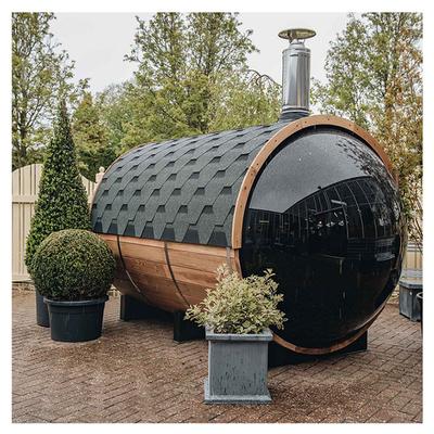 Panoramafenster Holz Zeder Barrel Sauna 6 Personen mit Holzheizung