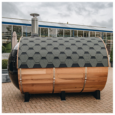 Panoramafenster Holz Zeder Barrel Sauna 6 Personen mit Holzheizung