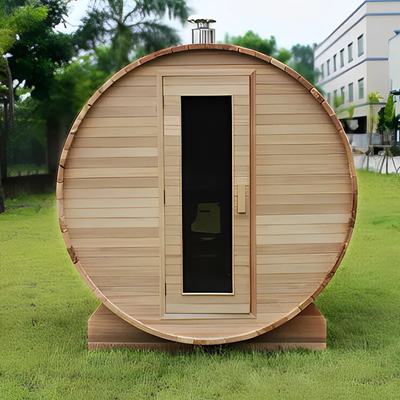 Sauna aus rotem Zedernholz mit Fass Wasserdampf Traditionelle Holzsuna