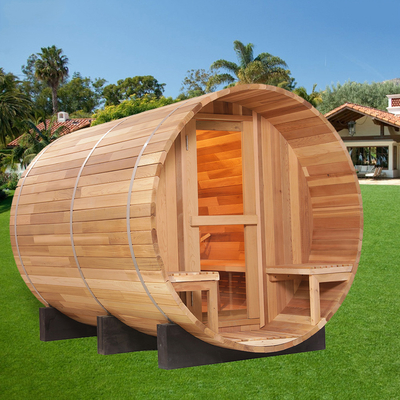 Kanadische Sauna mit Fass aus roter Zedernholz 15-99 MIN 15~90°C 8mm gehärtet Glas Tür 2-8 Personen